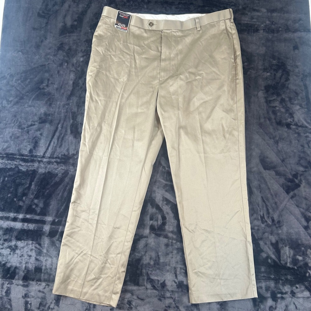 Roundtree & Yorke Pants Mens 42x29 Tan TravelSmart‎ Classic Fit Flat Front Khaki